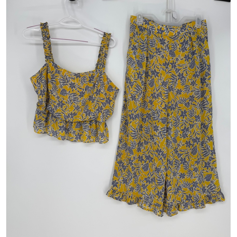 19 Cooper 2 Piece Set Women L/M Yellow Floral Peplum Top Wide Leg Pants Tropical
